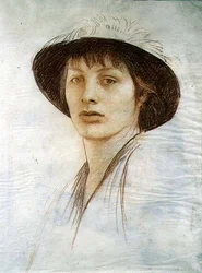 Menina com chapéu de penas (giz vermelho em velino)