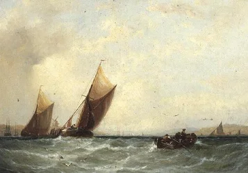 Barcos de pesca ao largo de uma costa holandesa