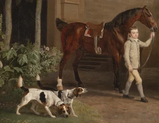 Detalhe de William Henry Cavendish Bentinck, 3º Duque de Portland, em frente aos estábulos da Cavalaria de Welbeck, 1766-7