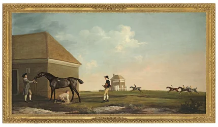 Gimcrack em Newmarket Heath com um treinador, um jóquei e um rapaz estável