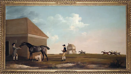 ""O cavalo de corrida Gimcrack em Newmarket Heath com treinador, rapaz e jóquei"" Pintura de George Stubbs (1724-1806) 1765 Dim 101,6x194 cm Coleção particular