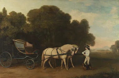 Phaeton com um par de Póneis de Creme e um Stable-Lad