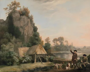 Dois Cavalheiros a Disparar, com uma Vista de Creswell Crags, Tirada na Hora
