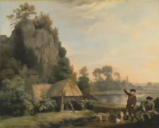 Dois cavalheiros num tiroteio, com uma vista de Creswell Crags, tirada no local