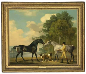 Dois caçadores com um jovem noivo e um cachorro à beira de um lago, 1778