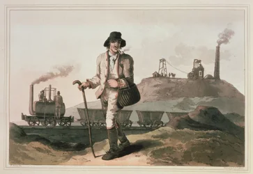 Locomotiva de Blenkinsop na mina de Middleton perto de Leeds, gravada por Robert e Daniel Havell, 1814