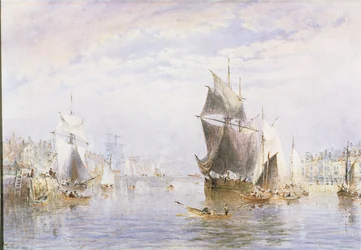 Pequena embarcação no rio em Whitby por Whitby Bridge, 1877 (wc e riscar)