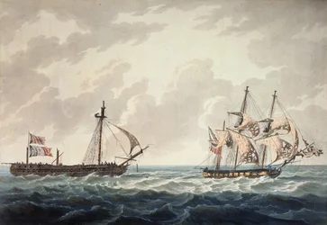 O Sloop de Sua Majestade, Bonne Citoyenne, levando a fragata francesa La Furieuse, a reboque, após a ação de 6 de julho de 1809, gravada por R und D Havell, publicada por Robert Cribb em 1810