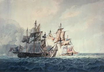 A ação entre a chalupa de Sua Majestade, Bonne Citoyenne, e a fragata francesa La Furieuse, em 6 de julho de 1809, das Ilhas Ocidentais, gravada por R und D Havell, publicada por Robert Cribb em 1810