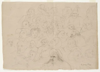 Sem título - Numerosos esboços de retratos, desenhados de forma aproximada, de homens, mulheres e crianças (lápis sobre papel)