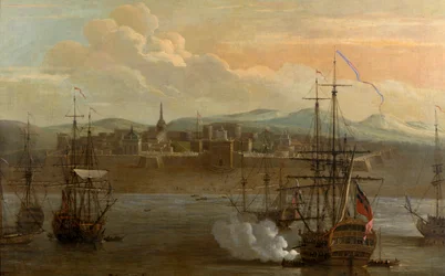 Uma pintura do Forte St George em Madras, Índia. Em 1731. Forte militar, e porto com navios. Disparo do canhão do navio. Fumo. Batalha.