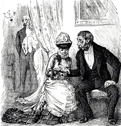 Um desenho animado comentando sobre a popularidade da quiromancia entre os ricos. Ilustrado George du Maurier (1834-1896), caricaturista e autor franco-britânico.