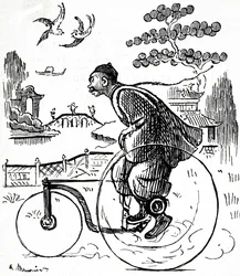 Um desenho animado representando um homem chinês andando de triciclo por um parque na China. Ilustrado George du Maurier (1834-1896), um cartoonista franco-britânico e autor