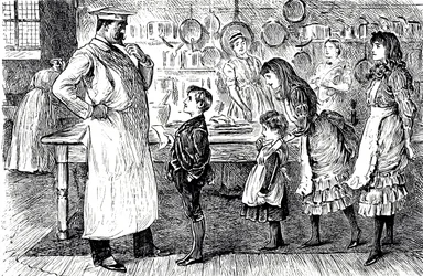 Um desenho animado representando um chef recebendo ordens das crianças da casa. Ilustrado por George du Maurier (1834-1896), um cartunista franco-britânico e autor