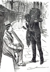 Um desenho animado representando um limpa-chaminés carregando os seus pincéis pelas ruas de Londres. Ilustrado por George du Maurier (1834-1896), cartoonista e autor franco-britânico