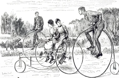 Um desenho animado retratando um grupo de jovens andando de triciclo. Ilustrado George du Maurier (1834-1896), caricaturista e autor franco-britânico.