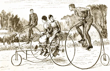 Um desenho animado retratando um grupo de jovens andando de triciclo. Ilustrado George du Maurier (1834-1896), caricaturista e autor franco-britânico.