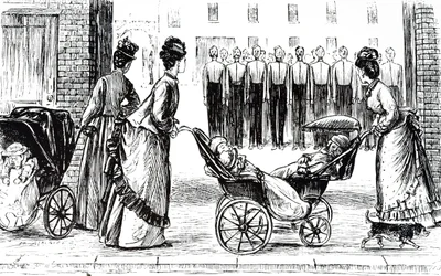 Uma gravura que retrata as criadas de berçário rodando as crianças em perambulações. Ilustrado por George du Maurier (1834-1896), caricaturista e autor franco-britânico.