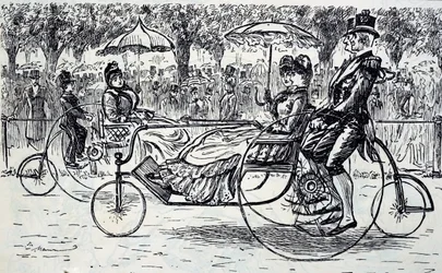 Uma gravura que retrata os passageiros que andam em carruagens de bicicleta. Ilustrado por George du Maurier (1834-1896), cartoonista e autor franco-britânico