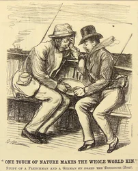 Passageiros de barco que sofrem de enjoos marítimos. Desenho animado de George du Maurier de "Punch", Londres