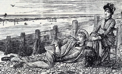 Desenho animado retratando um casal em lua-de-mel em uma praia de calhau
