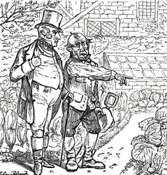 Desenho animado retratando um cavalheiro com o jardineiro na horta