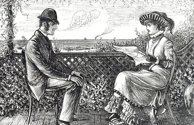 Desenho animado representando um marido e uma esposa - o marido é responsável pelas dívidas da esposa, a menos que ele publique uma revogação de suas responsabilidades