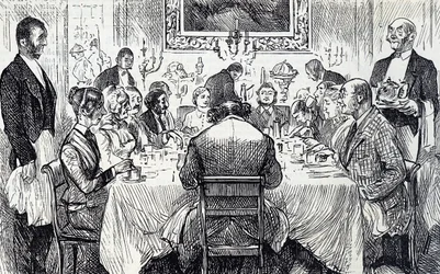 Desenho animado retratando uma soirée elegante em uma casa vitoriana