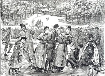 Desenho animado com patinadores a patinar num lago congelado