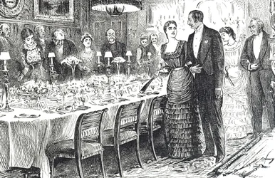 Desenho animado intitulado "Indo para o jantar" retratando um jovem casal que entra numa sala de jantar