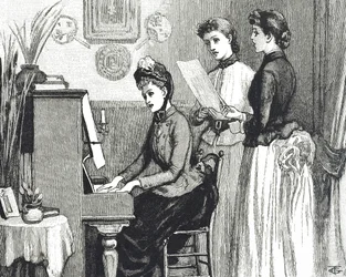 Gravura retratando jovens senhoras cantando na sala de estar