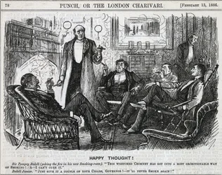 Cavalheiros reunidos na sala de fumo a fumar os seus charutos depois do jantar. George du Maurier de "Punch", Londres 1886.