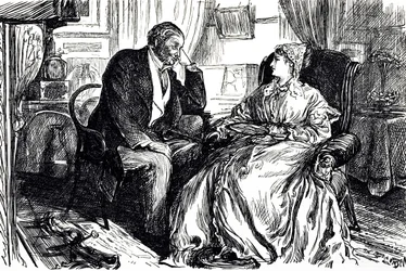 Georges du Maurier ilustrou um homem e uma mulher em conversa sobre os benefícios calmantes do óleo de fígado de bacalhau. Inglaterra 1869