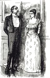 Georges du Maurier ilustrou um homem e uma mulher em conversa num evento da sociedade, Inglaterra 1891