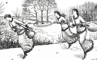 Ilustração que retrata as raparigas que estão a preparar o caminho para a lebre e os cães de caça