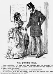 A Corrida da Vinda. O cirurgião do futuro. O desenho animado de George du Maurier de Punch London, 14 de Setembro de 1872, mostrando a atitude paternalista que as mulheres da profissão médica poderiam esperar dos colegas homens. Gravura.