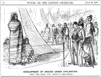 O velho argumento evolutivo sobre a Natureza ou a Nutrição. Seria uma pessoa corajosa que chegasse a uma conclusão sobre esta evidência. O desenho animado de George du Maurier de Punch, Londres