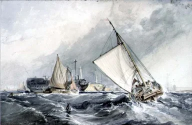 Velhos homens-de-guerra em âncora: barcos em um vendaval