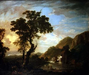 Paisagem fluvial arborizada com figuras em primeiro plano e cascata para além