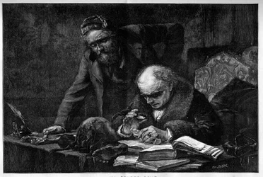 Um egiptólogo a estudar uma peça arqueológica do Egipto no seu gabinete. Gravura de Baude de um quadro de Moreau de Tours. Gravura em "Le Monde Illustré".