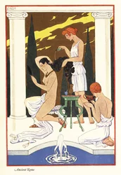 Uma escrava derrama óleo perfumado sobre o cabelo da sua senhora, Roma antiga, 1928