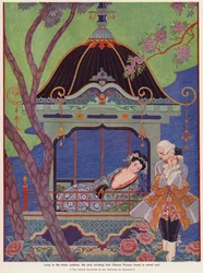 Princesa chinesa reclinada em um pavilhão (lito colorido)