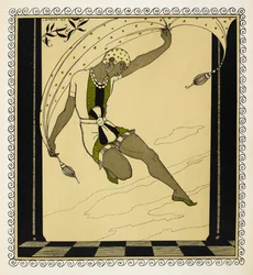 «Cleópatra». Uma bailarina da produção de 1909 de Anton Arensky, que usa um traje curto branco, verde e preto atado à cintura, sapatos verdes e um chapéu branco com padrão.