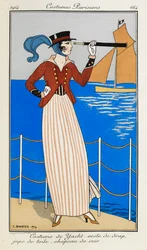 Costume de Yacht: veste de drap, jupe de toile, chapeau de cuir. Uma mulher vestindo um fato de iate: casaco de pano vermelho, saia de linho às riscas, chapéu de couro e lenço azul. Ela está a usar um telescópio, apontando para o barco no fundo. Fantasias 