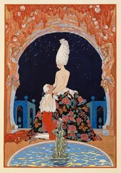Dans la Grotte. Um homem ajoelhado diante de uma mulher seminua, junto a uma fonte.