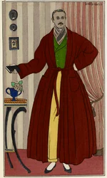 Homem com um roupão. Ilustração de George Barbier (1882-1932), tirada de Journal des dames et des modes. Paris 1912-1914. The British Library Institution, Reference Shelfmark ID: P.P.5242.dc, pl.96, página 16 oposta. Homem vestindo um penso