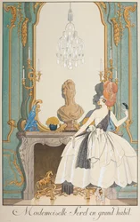 Mademoiselle Sorel com grande hábito. Uma mulher de pé em frente a uma lareira.