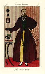 Homem de roupão sobre calças amarelas e colete verde. Vestido formal. Pochoir colorido à mão (estêncil) gravura após uma ilustração de George Barbier do Journal des Dames et des Modes de Tommaso Antongini, Aux Bureaux du Journal des Dames, Paris