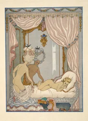 A visita da marquesa de Merteuil ao quarto de Cécile de Volanges, ilustração de «As ligações perigosas», de Pierre Choderlos de Laclos (1741-1803), publicada em 1934