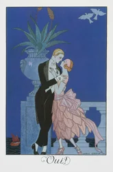 Oui, Dois jovens noivos em vestido de noite, litografia de George Barbier (1882-1932), de Falbalas et Fanfreluches, Almanach des Modes Presentes, Passees et Futures